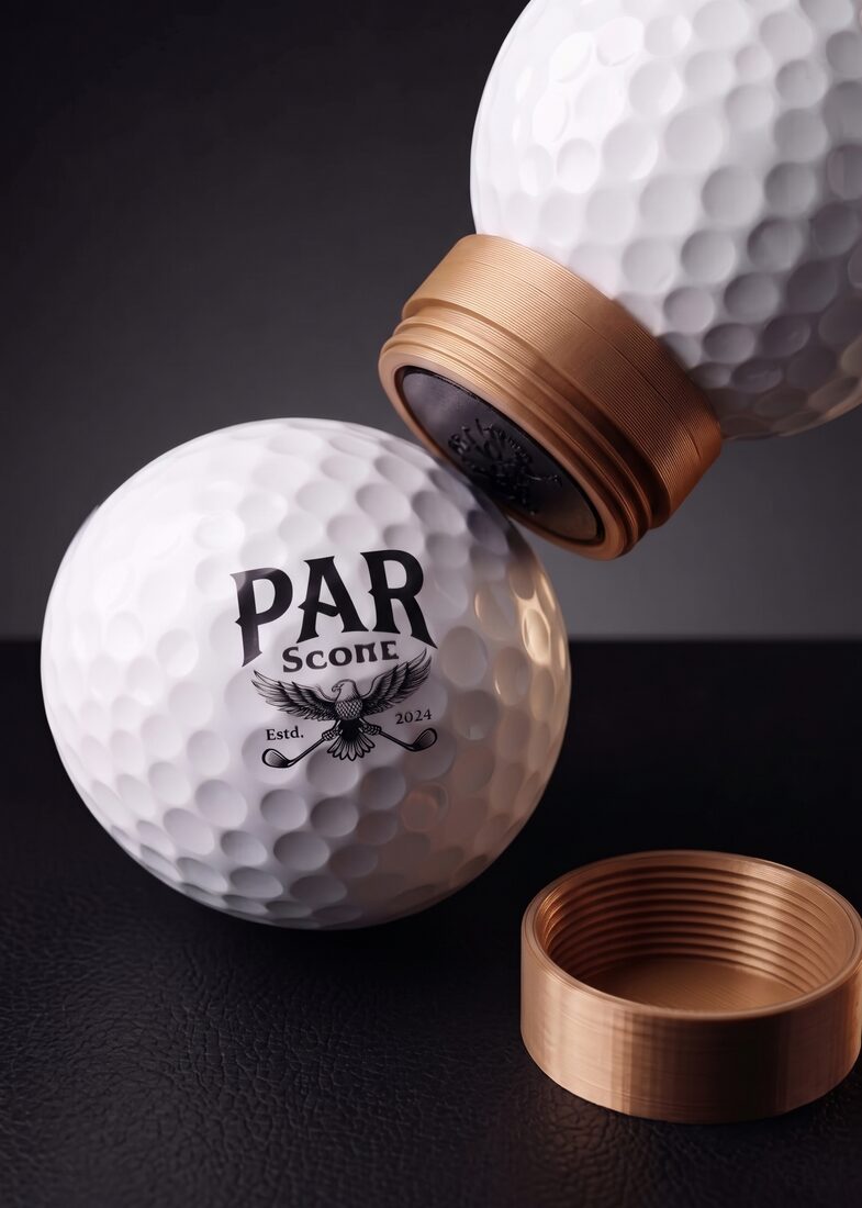 Golf ball stamped with a PAR Scone wordmark and eagle crest