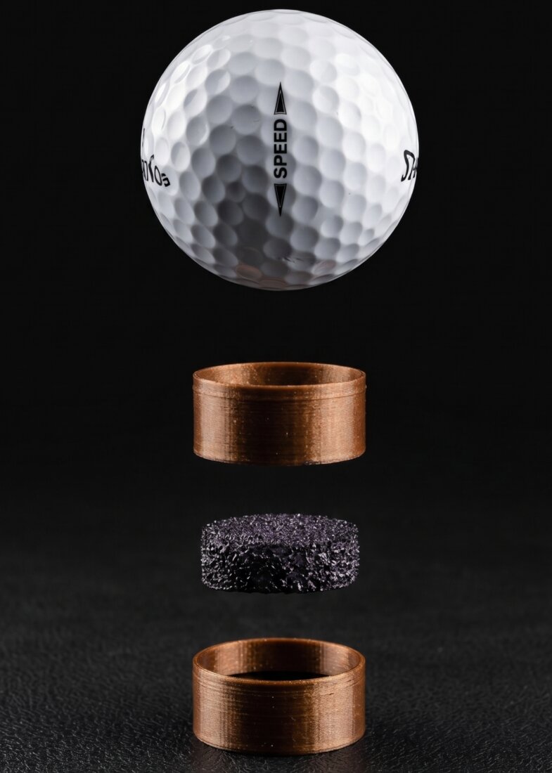 Exploded view of the Dimple¹ stamp: rescued golf ball, ornate copper-toned PLA housing, and ink foam pad
